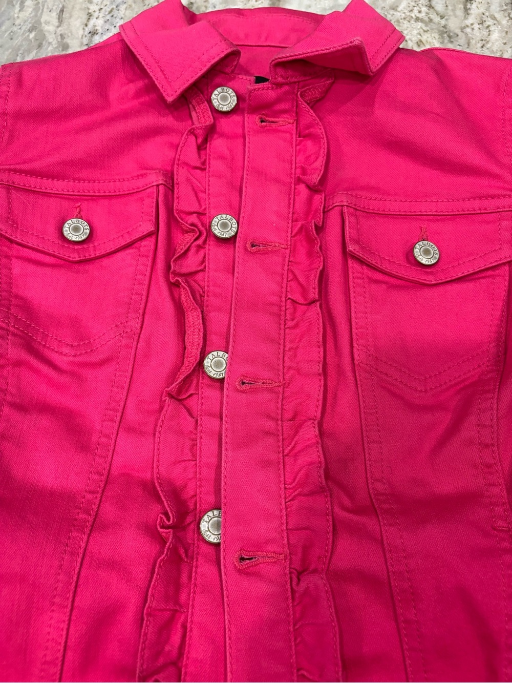 Talbots Women's Pink Ruffle-Trim Denim Jacket size SP - Picture 5 of 9